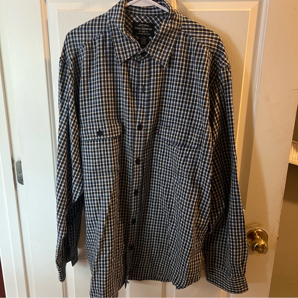Polo Jeans Co Ralph Lauren Men’s L Shirt Plaid Long Sleev Button Down Blue/black